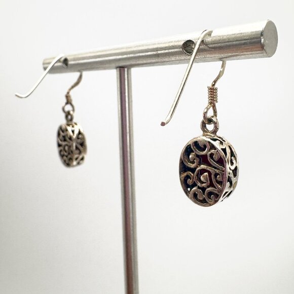 VTG Sterling Silver 925 Red Cabochon Gemstone Dangle Earrings Size 1" Length - Picture 4 of 9